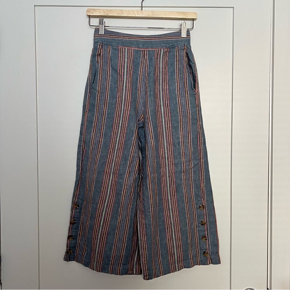 Madewell Pants Womens Sz XS Blue Striped Cropped Wide Leg Linen Blend Lagenlook